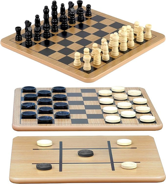 Regal Games - Reversible Wooden Board for Chess, Checkers & Tic-Tac-Toe - 24 Interlocking Wooden Checkers and 32 Standard Chess Pieces - for Age 8 to Adult for Family Fun nirvanaguru