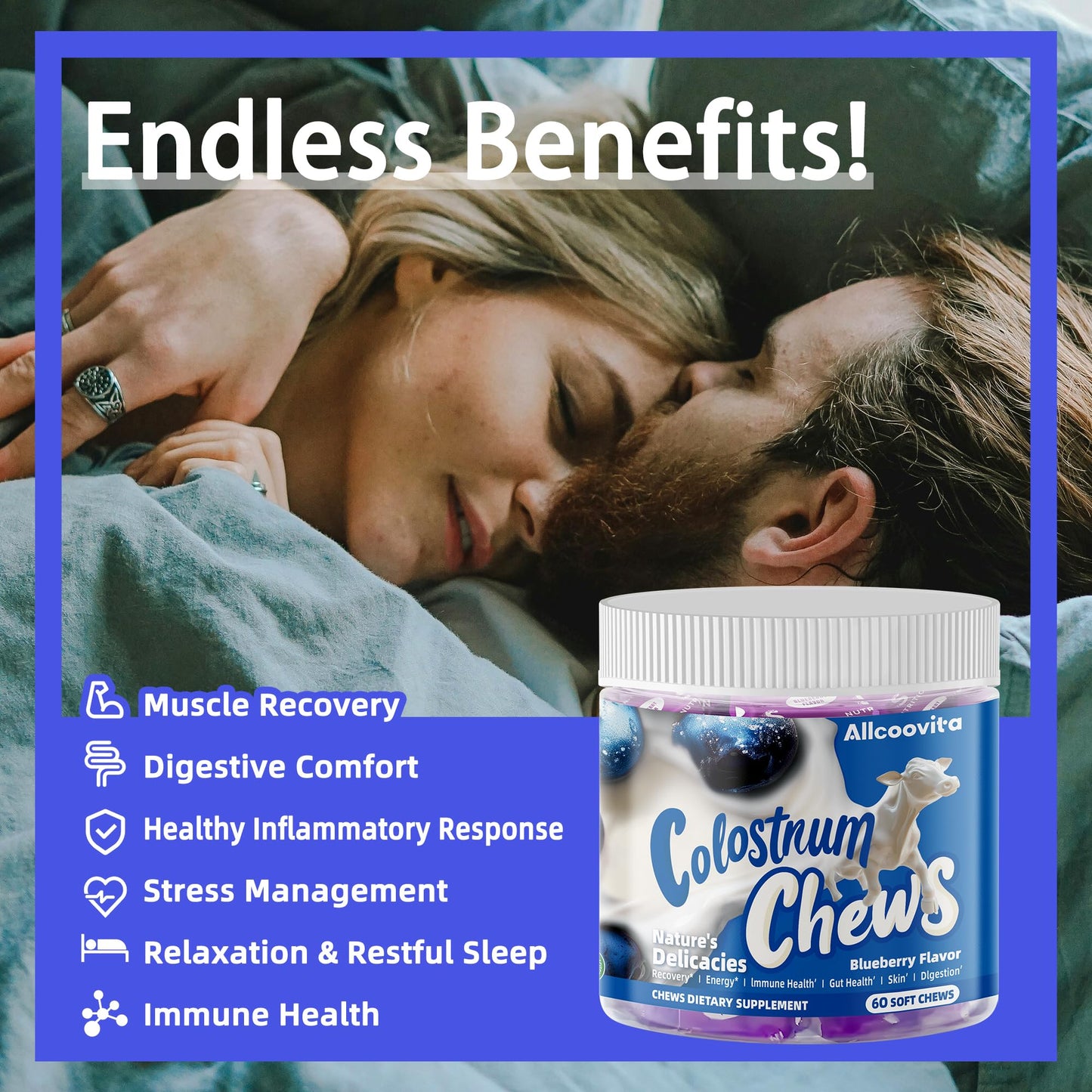 Bovine Colostrum Chews Supplement with probiotics for Gut Health, Bloating, Immune Support, Skin, Hair Growth and Beauty - Strawberry Flavor (60 Servings) Nirvana Guru
