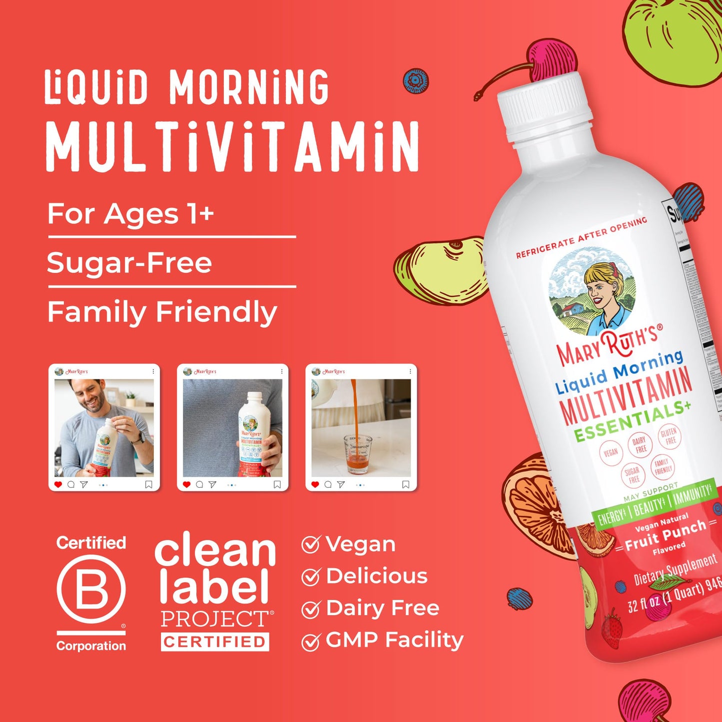 MaryRuth's Liquid Morning Multivitamin Essentials+ | Vitamin A C D E B6 B12 Biotin Zinc | Mens Womens Multivitamin | Immune Support | Beauty | Sugar Free | Vitamins for Ages 1+ | Vegan | 32 Fl Oz - Nirvana Guru