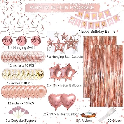 Rose Gold Birthday Party Decorations, Happy Birthday Banner, Rose Gold Fringe Curtain, Heart Star Foil Confetti Balloons, Hanging Swirls for Women Girls Birthdays Princess Party Nirvana Guru