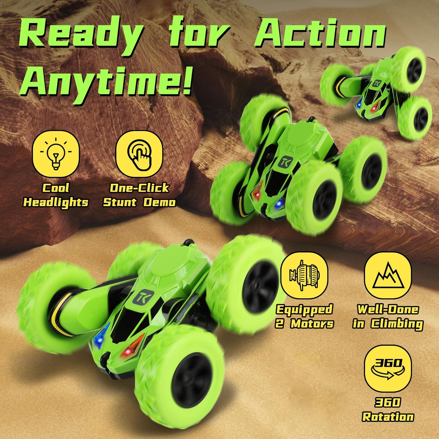 Threeking RC Stunt Cars Remote Control Car Double-Sided Driving 360-degree Flips Rotating Car Toy, Green Nirvana Guru