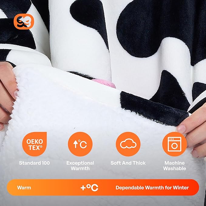 Giggling Getup Wearable Blanket Hoodie for Women and Men Sherpa Fleece Hooded Blanket Sweatshirt Warm Cozy Sherpa Wearable Throw Oversized Hoodie with Giant Pocket & Sleeves for Adult Cow nirvanaguru