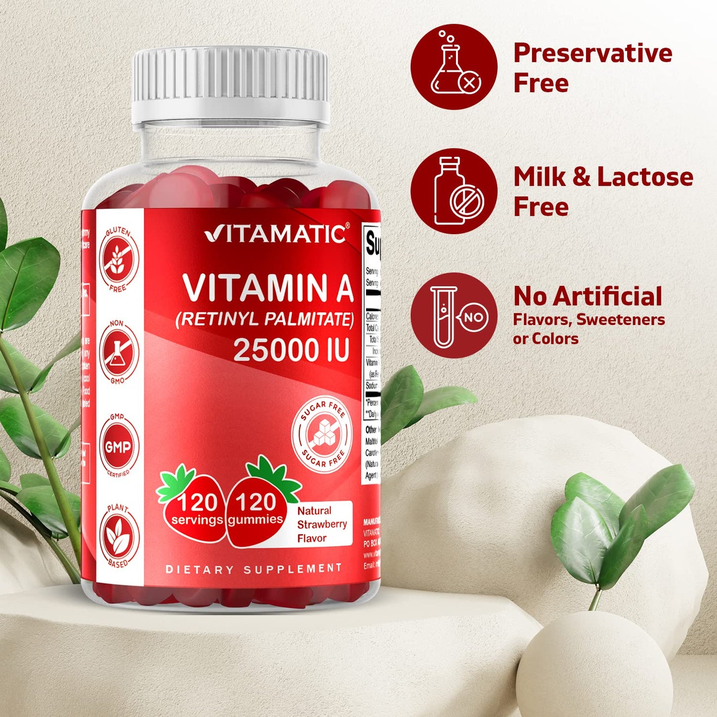 Vitamatic Sugar Free Vitamin A 25000 IU Gummies (Retinyl Palmitate) - Natural Strawberry Flavor - 120 Pectin Based Gummies (1 Bottle) Nirvana Guru