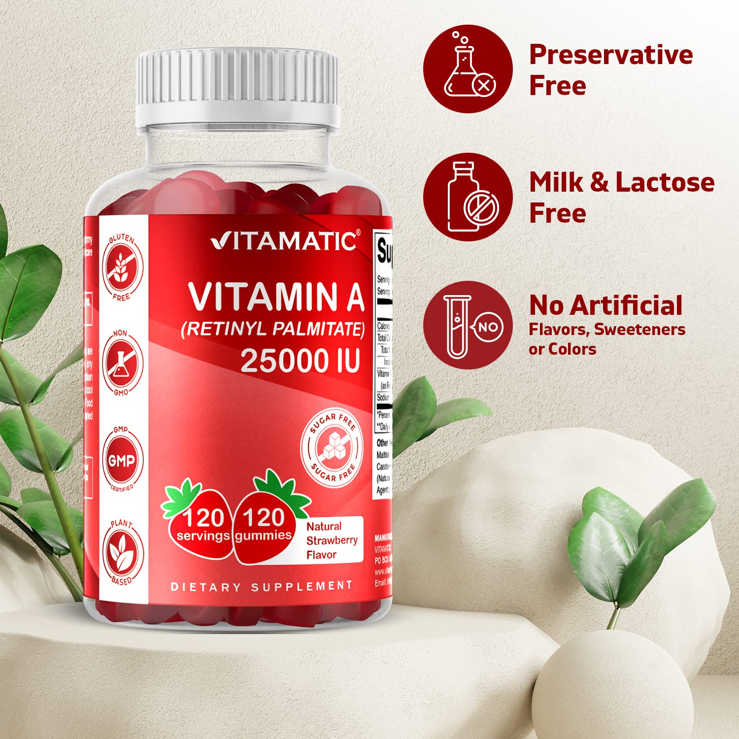 Vitamatic Sugar Free Vitamin A 25000 IU Gummies (Retinyl Palmitate) - Natural Strawberry Flavor - 120 Pectin Based Gummies (1 Bottle) Nirvana Guru