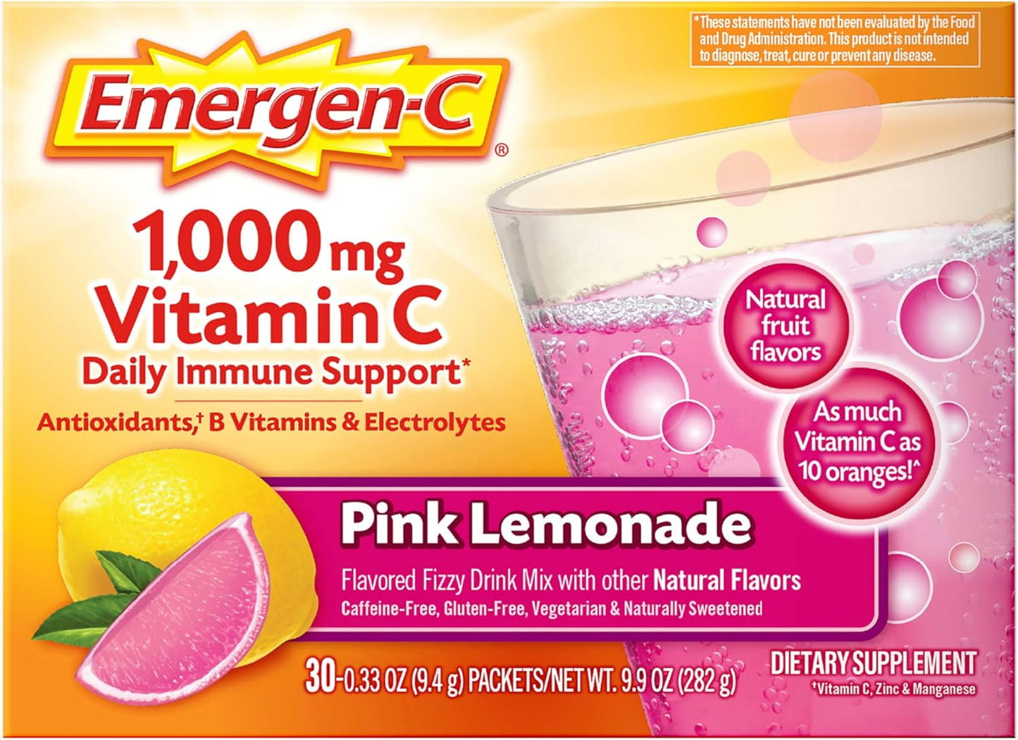 Emergen-C 1000mg Vitamin C Powder for Daily Immune Support Caffeine Free Vitamin C Supplements with Zinc and Manganese, B Vitamins and Electrolytes, Super Orange Flavor - 30 Count Nirvana Guru