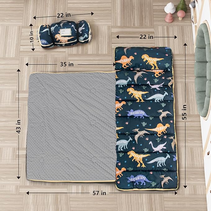 Primlect Thickened Toddler Nap Mat with Removable Pillow and Minky Blanket, Extra Large 55''x35'' Sleeping Bag, Washable, Roll up, Perfect for Daycare, Preschool, Kindergarten, Boys and Girls Dinosaur Nirvana Guru