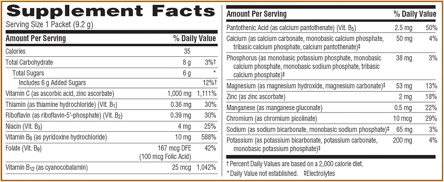 Emergen-C 1000mg Vitamin C Powder for Daily Immune Support Caffeine Free Vitamin C Supplements with Zinc and Manganese, B Vitamins and Electrolytes, Super Orange Flavor - 30 Count Nirvana Guru