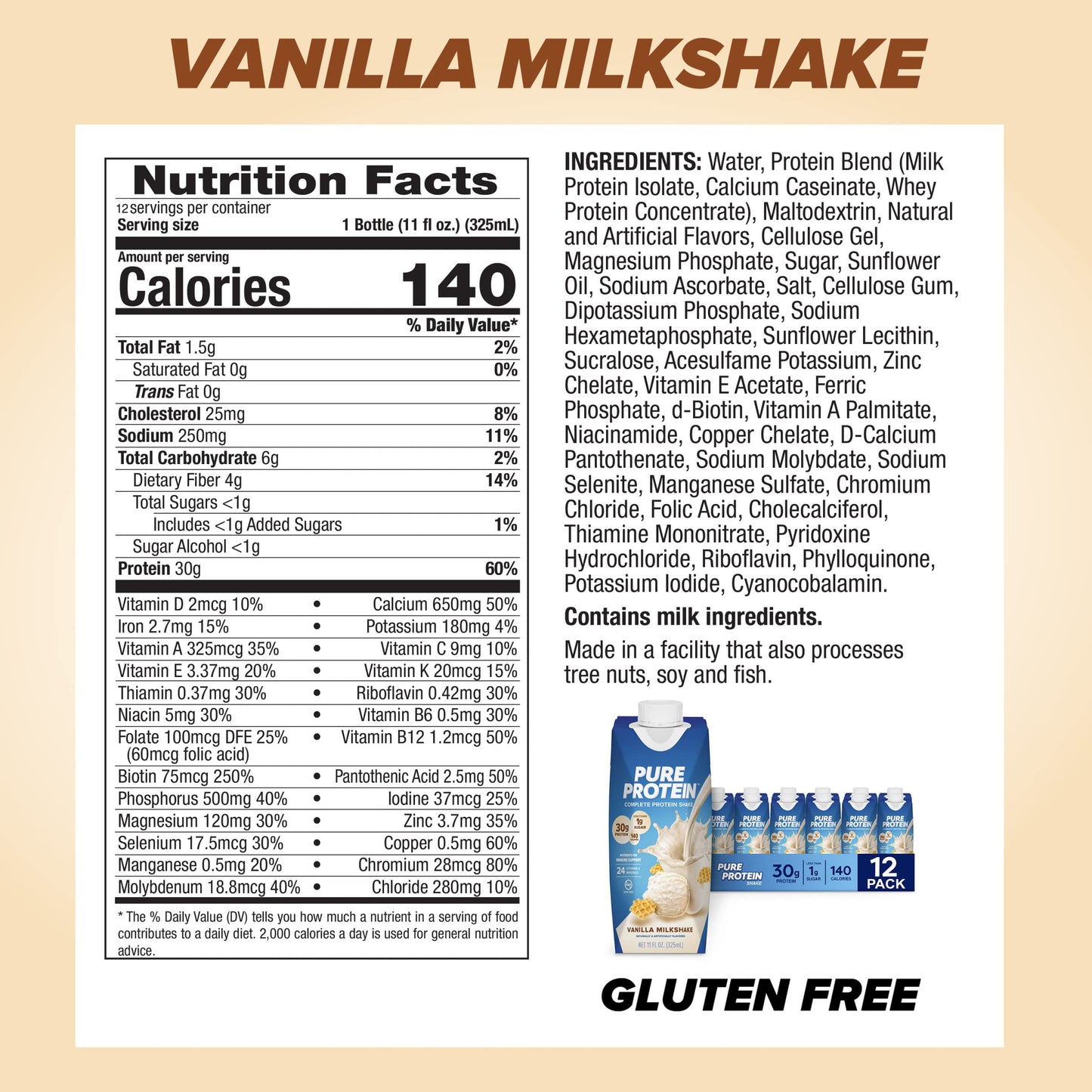 Pure Protein Vanilla Protein Shake, 30g Complete Protein, Vitamins A, C, D, and E plus Zinc to Support Immune Health, Ready to Drink and Keto-Friendly, 11oz Bottles, 12 Pack Nirvana Guru
