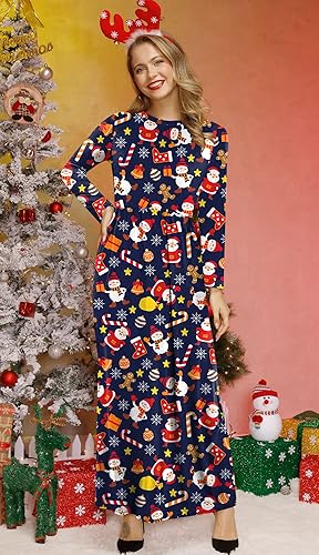 For G and PL Women's Ugly Christmas Maxi Dress Long Sleeve Graphic Outfit with Pockets nirvanaguru