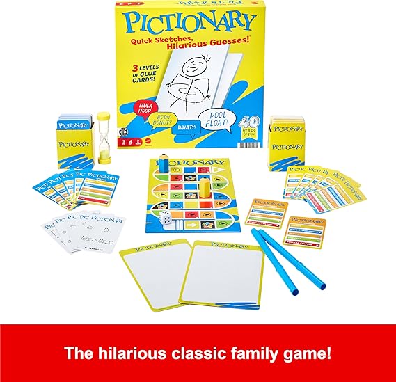 Mattel Games Pictionary Family Board Game for Kids, Adults and Game Night for 2 Teams with Erasable Markers, Boards and Sand Timer nirvanaguru