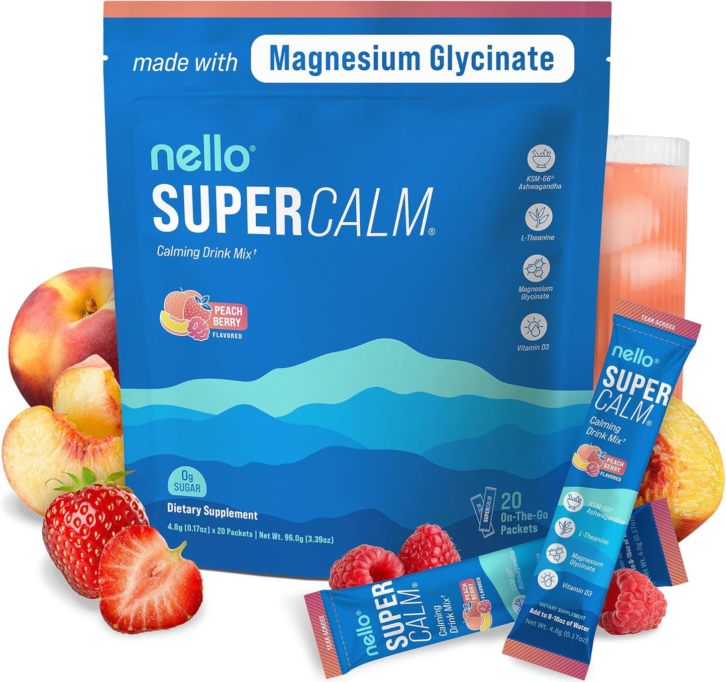 Supercalm Powdered Drink Mix, Raspberry Lemonade, L Theanine, Ksm-66 Ashwagandha, Magnesium Glycinate, Vitamin D 3, Supplements for Relaxation & Focus, No Sugar, Non GMO, On The Go, 20 Ct