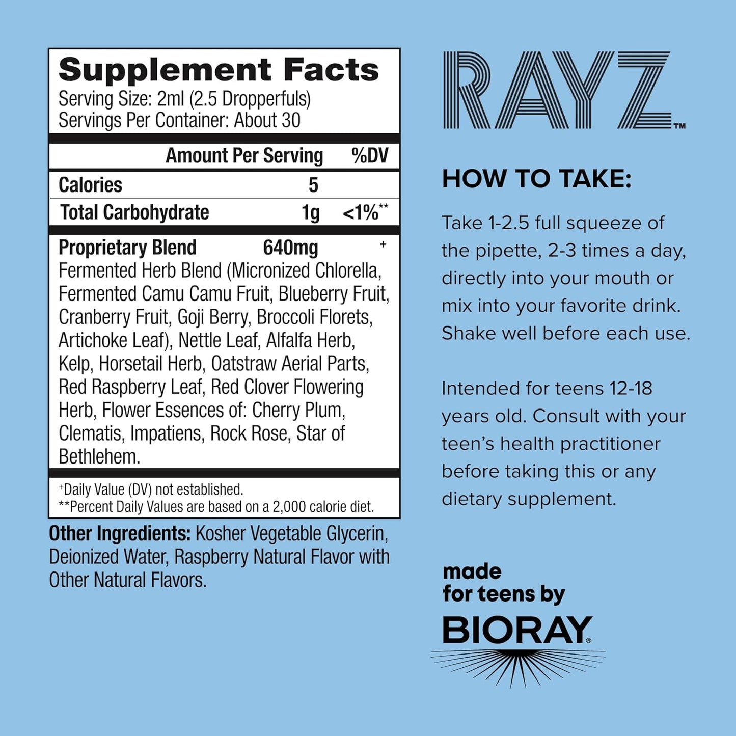 BIORAY RAYZ All Systems Glow, Raspberry Flavor - 2 fl oz - Convenient Source of Vitamins & Minerals for Teens 12-18 Years Old Nirvana Guru