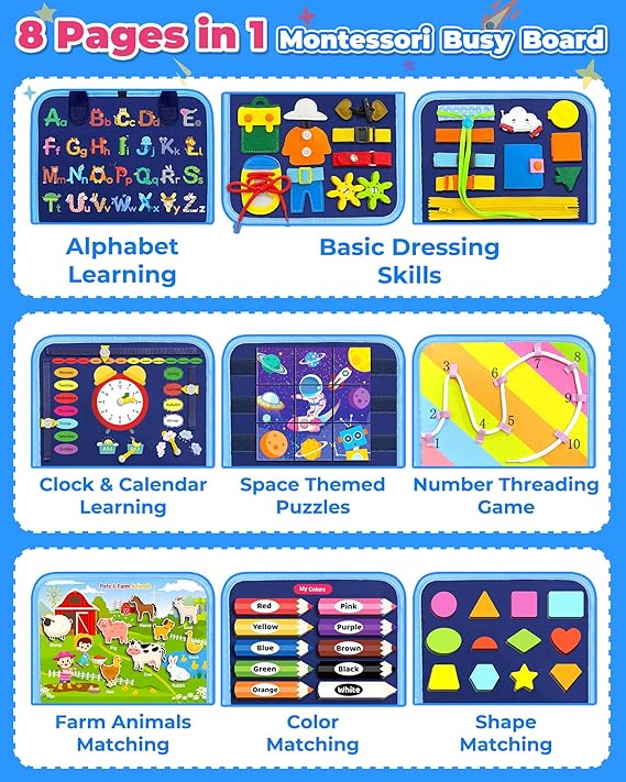 Gojmzo Busy Board Montessori Toys for Toddler Boy Birthday Gifts, Busy Book Sensory Toys for Toddlers, Learning Educational Toddler Travel Activities nirvanaguru