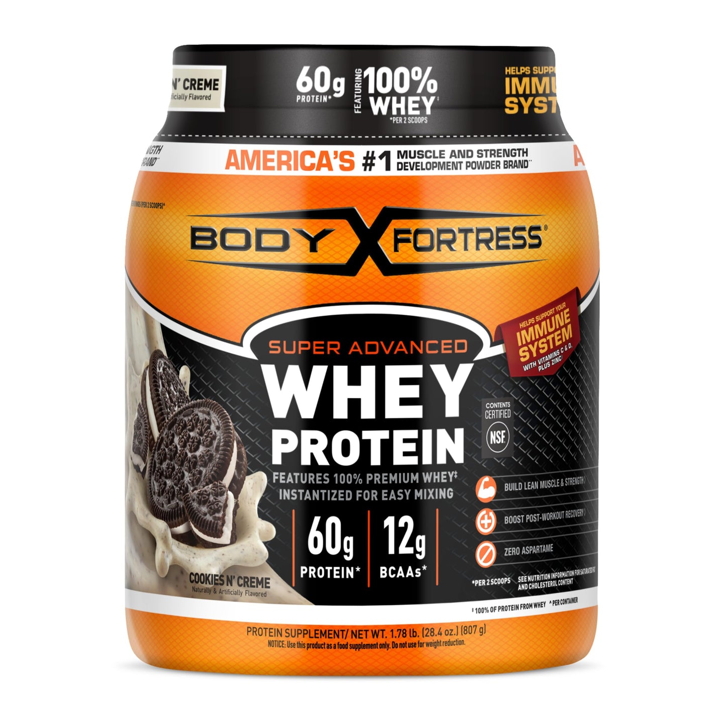 Body Fortress Super Advanced Whey Protein Powder, Vanilla, Immune Support (1), Vitamins C & D Plus Zinc, 1.74 lbs