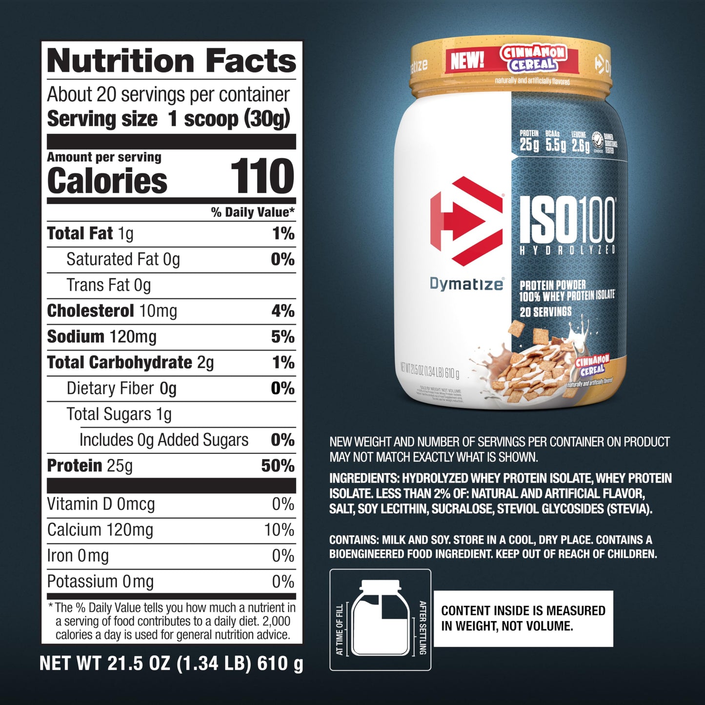 Dymatize ISO100 Whey Protein Powder Isolate, Gourmet Chocolate, 25g of Protein, 20 Servings, 5.5g BCAAs, Less Than 120 Cal., Gluten Free, 1g Fat, 1g Sugar, 2g Carb