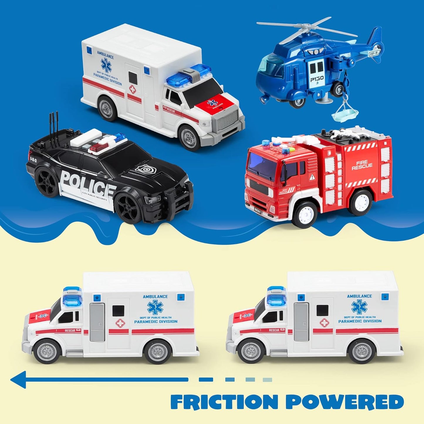 JOYIN 4 Packs Emergency Vehicle Toy Playsets, Friction Powered Vehicles with Light and Sound, Including Fire Truck, Ambulance, Play Police Car and Helicopter, Christmas Toddler Kids Boys Gifts Nirvana Guru