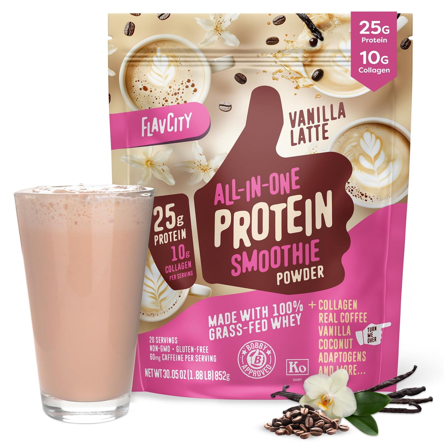 FlavCity Grass Fed Whey Protein Powder - Vanilla Smoothie - 25g Protein & 10g Collagen - Made with Real Vanilla Bean & Organic Coconut Milk - Gluten Free & No Added Sugars (20 Servings)