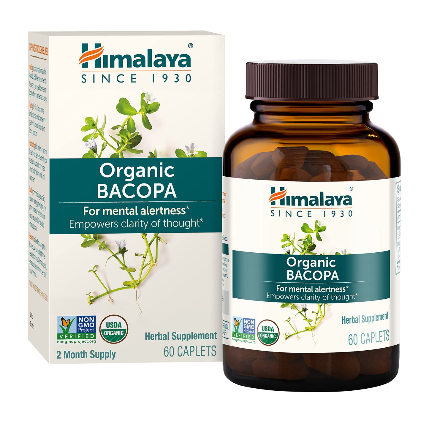 Himalaya Organic Bacopa Monnieri Nootropic Herbal Supplement, Supports Calm, Memory, Cognition, USDA Certified Organic, Non-GMO, 750 mg, 60 Plant-Based Caplets, 60 Day Supply - Nirvana Guru