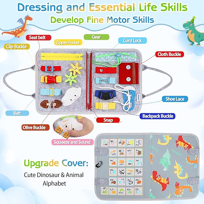 Esjay Toddler Busy Board Montessori Toys for Boys Girls, Sensory Board Educational Activities for Learning Fine Motor Skills, Birthday Gifts for Toddlers, Travel Toys for Airplane Car,Grey Dinosaur nirvanaguru