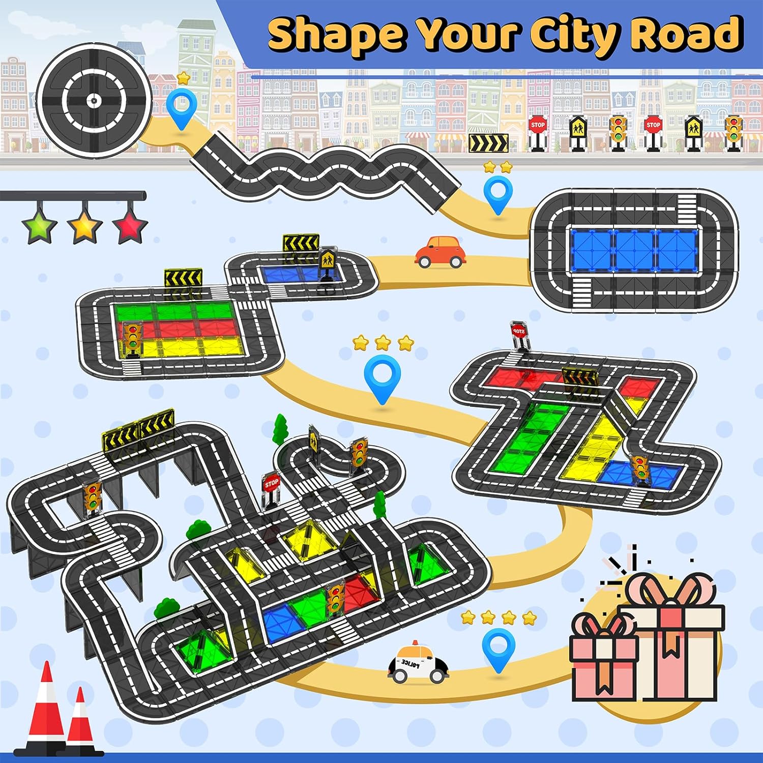 Magnetic Tiles - Road Set, Magnetic Building Blocks, Preschool Montessori Toys Gift for 3+ Year Old Boys and Girls, Sensory Travel Toys for Kids Aged 3-5 and 4-8, Ideas for Toddler with Autism Nirvana Guru