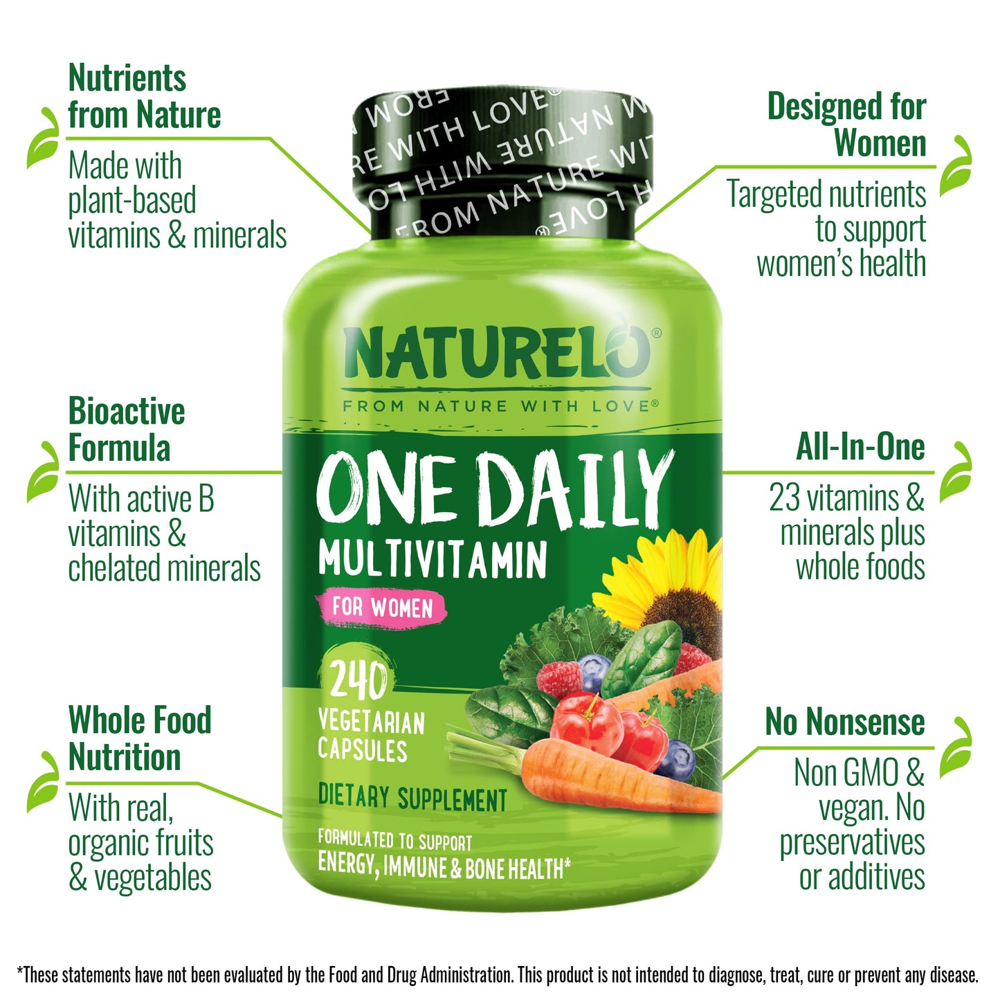 NATURELO One Daily Multivitamin for Women - Energy Support - Whole Food Supplement to Nourish Hair, Skin, Nails - Non-GMO - No Soy - Gluten Free - 120 Capsules - 4 Month Supply - Nirvana Guru
