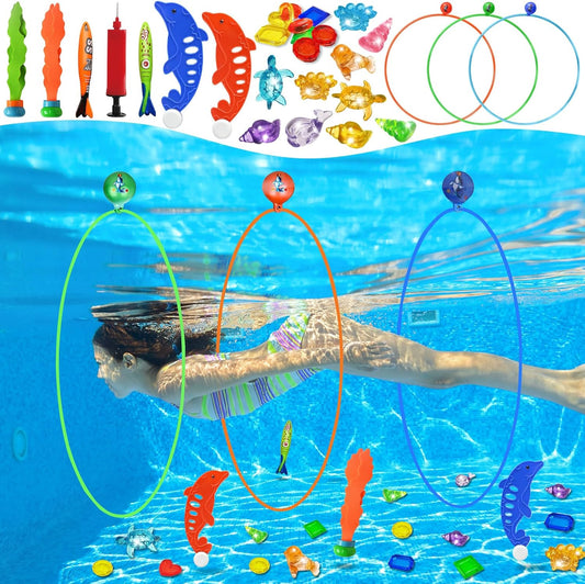 Jasonwell Pool Toys Diving Rings - 28PCS Swim Thru Rings Pool Game Diving Toys with Dive Ring Underwater Treasures Torpedo Bandits Fish Toy Fun Water Swimming Toy for Boys Girls Kids Teens Adults Nirvana Guru