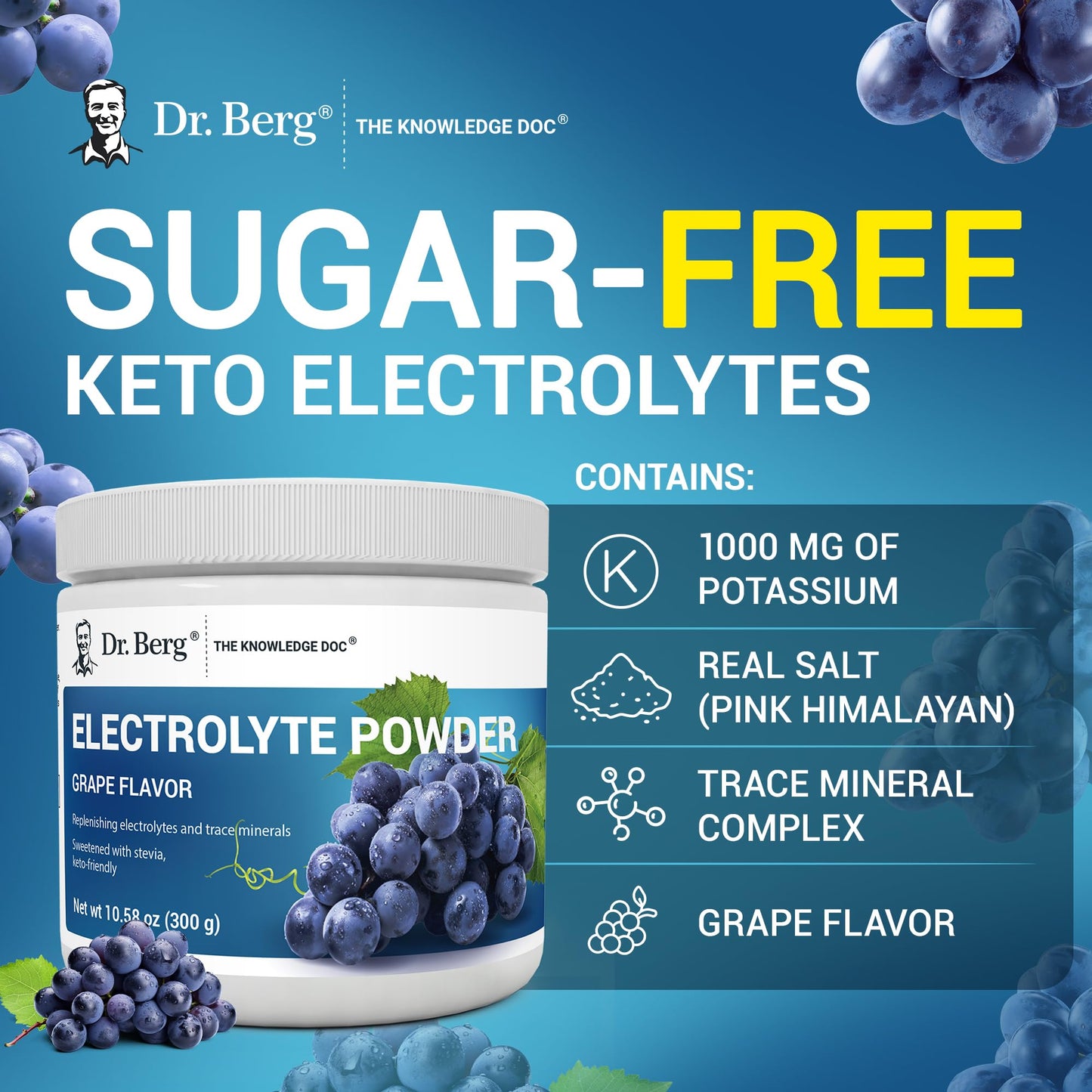 Dr. Berg Zero Sugar Hydration Keto Electrolyte Powder - Enhanced w/ 1000 mg of Potassium & Real Pink Himalayan Salt (NOT Table Salt) - Raspberry & Lemon Flavor Hydration Drink Supplement, 100 Servings