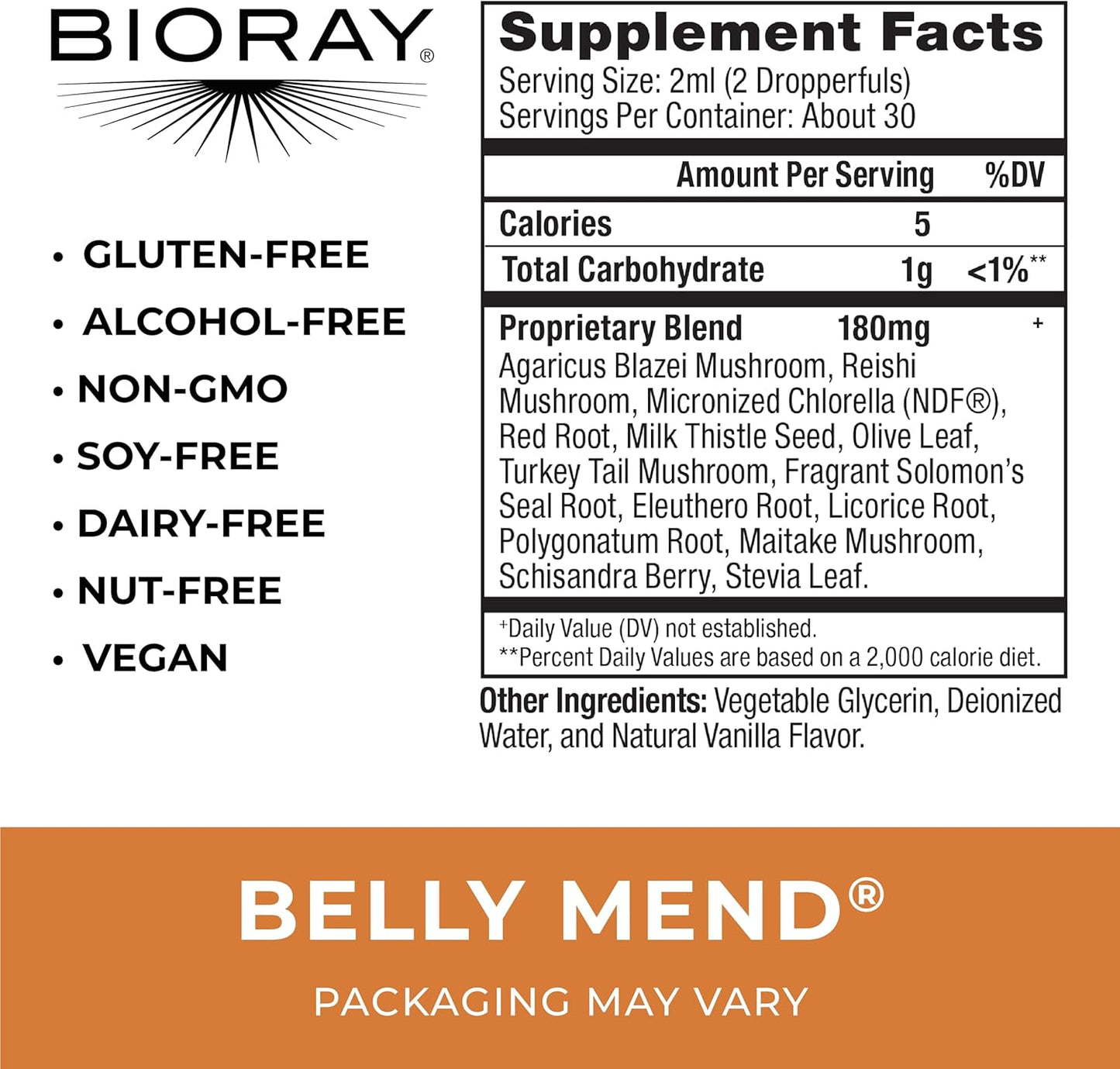 BIORAY Daily Belly Mend - 2 fl oz - 11-Strain Probiotic Blend with Medicinal Mushrooms - Supports Healthy Gut & Bowel Functions - Non-GMO, Vegetarian, Gluten Free Nirvana Guru