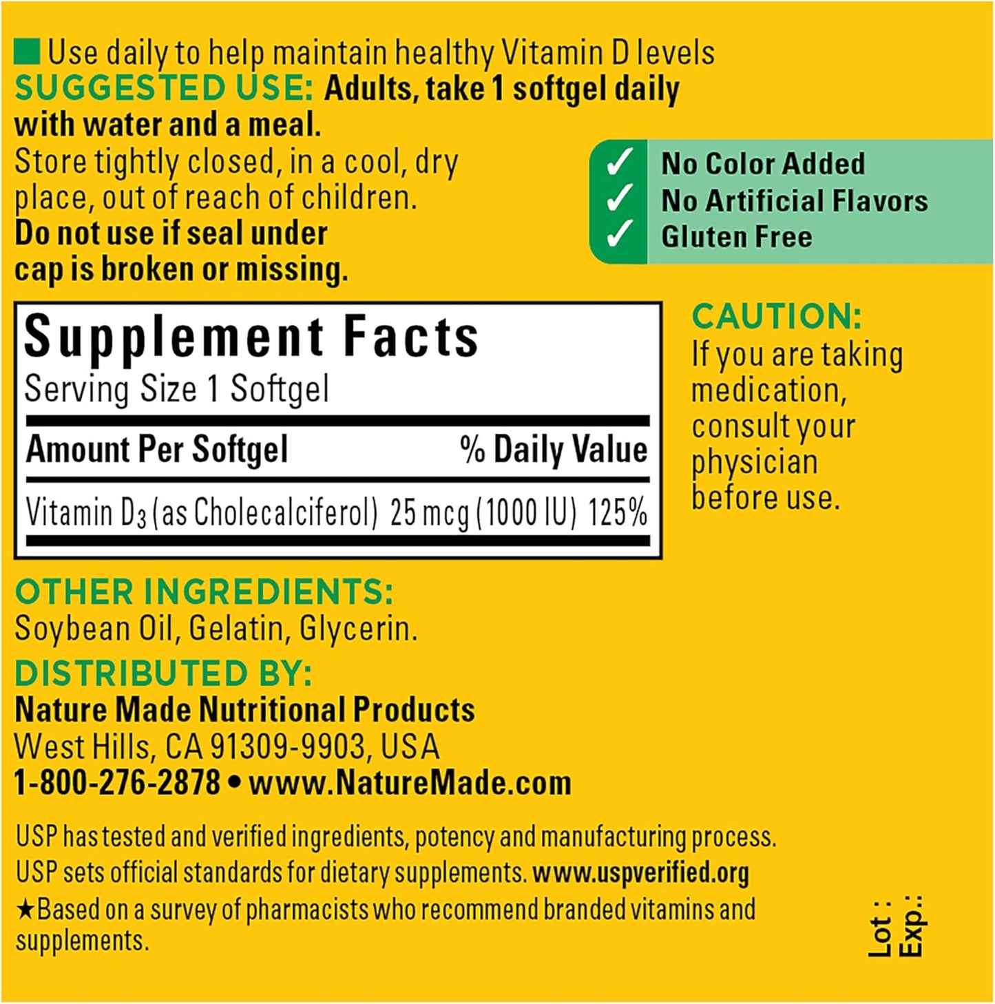 Nature Made Vitamin D3 1000 IU (25 mcg), Dietary Supplement for Bone, Teeth, Muscle and Immune Health Support, 300 Softgels, 300 Day Supply - Nirvana Guru