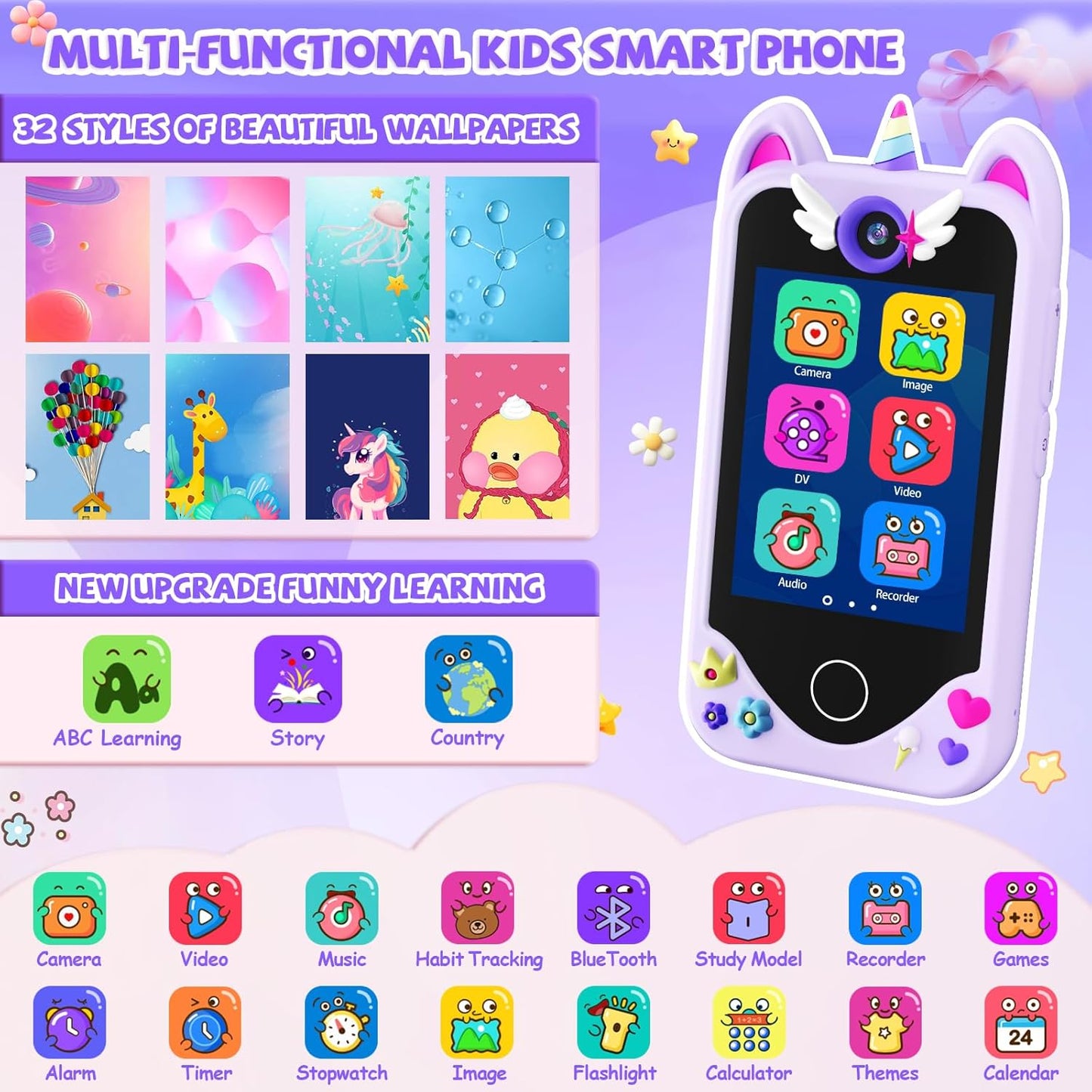 Kids Smart Phone for Girls Gifts - Toddler Christmas Birthday Gift for Age 3 4 5 6 Year Old, Kids Cell Phone Toy with Touchscreen, Dual Cameras, Learning, Kid Mp3 Player, Games with 32 GB Card Nirvana Guru