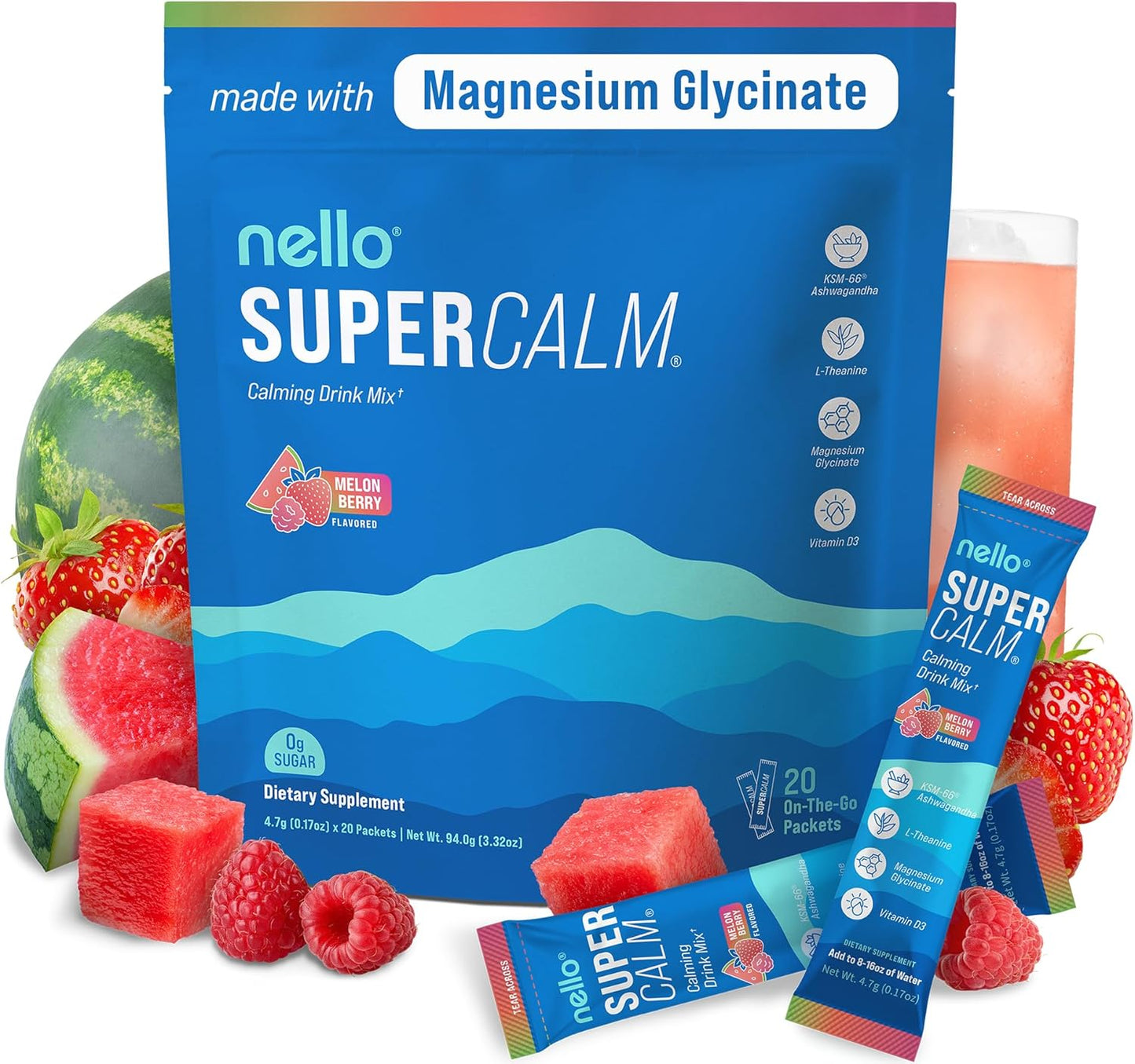 Supercalm Powdered Drink Mix, Raspberry Lemonade, L Theanine, Ksm-66 Ashwagandha, Magnesium Glycinate, Vitamin D 3, Supplements for Relaxation & Focus, No Sugar, Non GMO, On The Go, 20 Ct