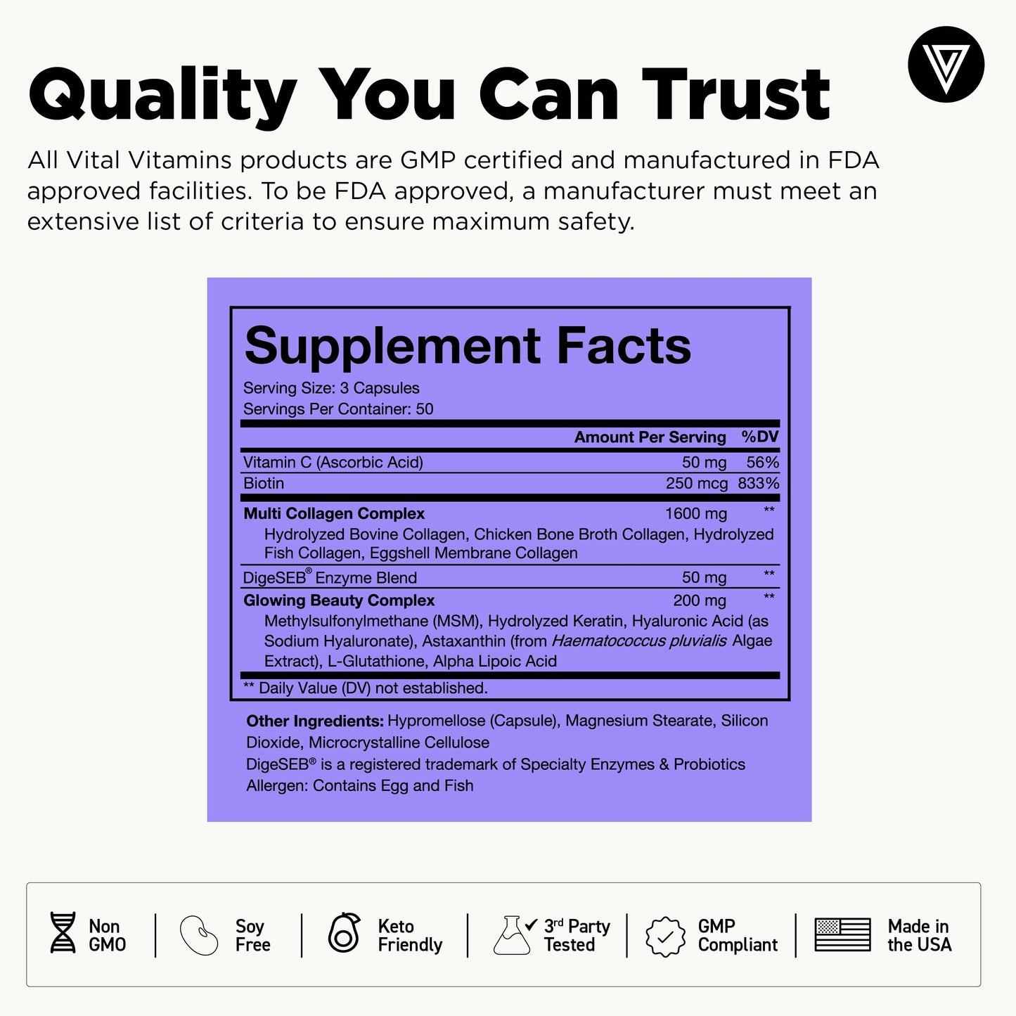 Vital Vitamins Multi Collagen for Women & Men - Type I, II, III, V, X - Grass Fed, Non-GMO - 150 Capsules