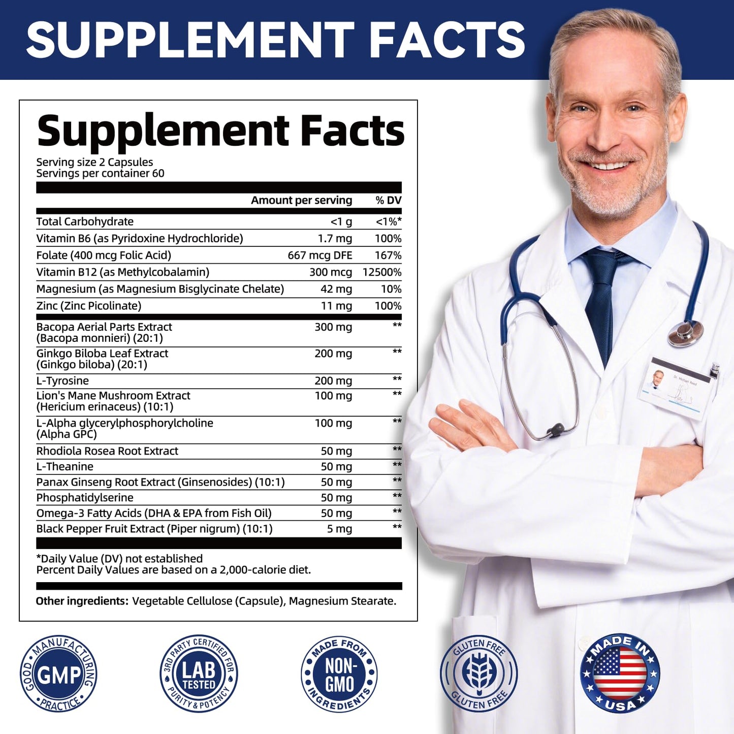 Brain Supplements for Memory & Focus - Nootropic with Bacopa Monnieri, Lion's Mane, Alpha GPC, Phosphatidylserine | Supports Mental Clarity & Cognitive Function | Vitamin B6 & B12-120 Capsules - Nirvana Guru