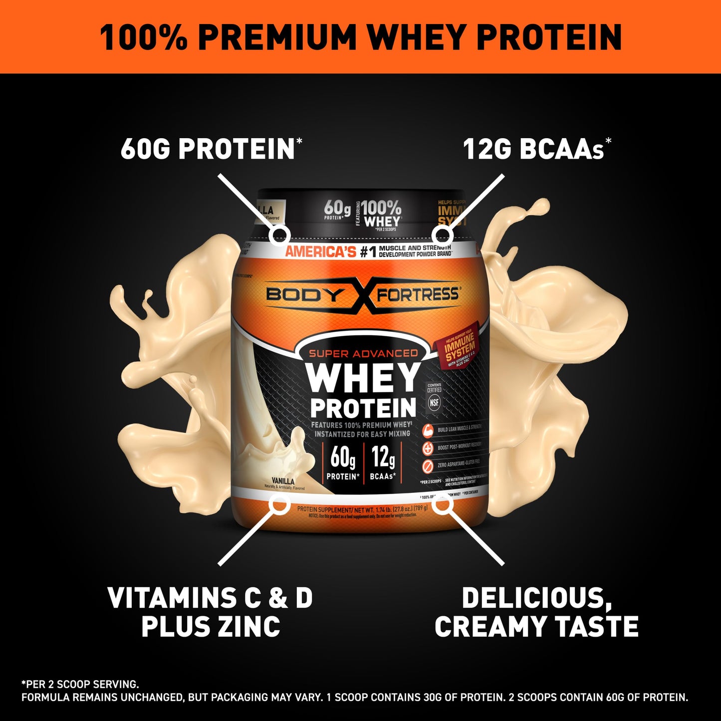 Body Fortress Super Advanced Whey Protein Powder, Vanilla, Immune Support (1), Vitamins C & D Plus Zinc, 1.74 lbs