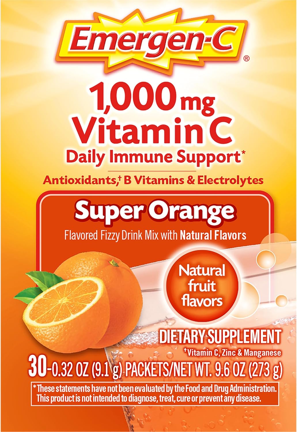 Emergen-C 1000mg Vitamin C Powder for Daily Immune Support Caffeine Free Vitamin C Supplements with Zinc and Manganese, B Vitamins and Electrolytes, Super Orange Flavor - 30 Count Nirvana Guru