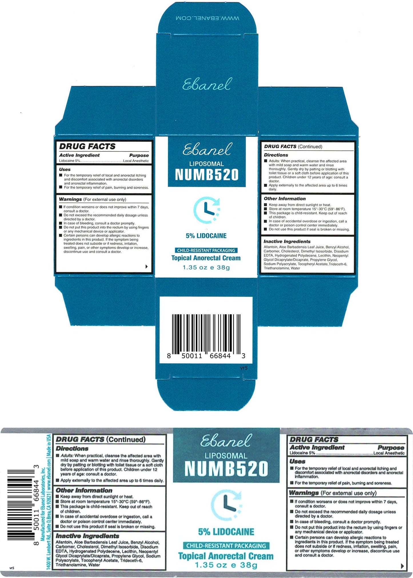 Ebanel 5% Lidocaine Numbing Cream, Pain Relief Burn Itch Numb Cream, Maximum Strength Topical Anesthetic with Allantoin, Vitamin E for Local and Anorectal Uses, Hemorrhoid Treatment, 1.35 Oz