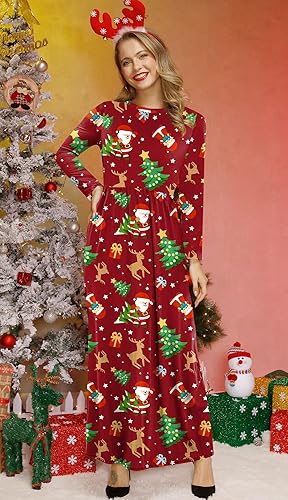 For G and PL Women's Ugly Christmas Maxi Dress Long Sleeve Graphic Outfit with Pockets nirvanaguru