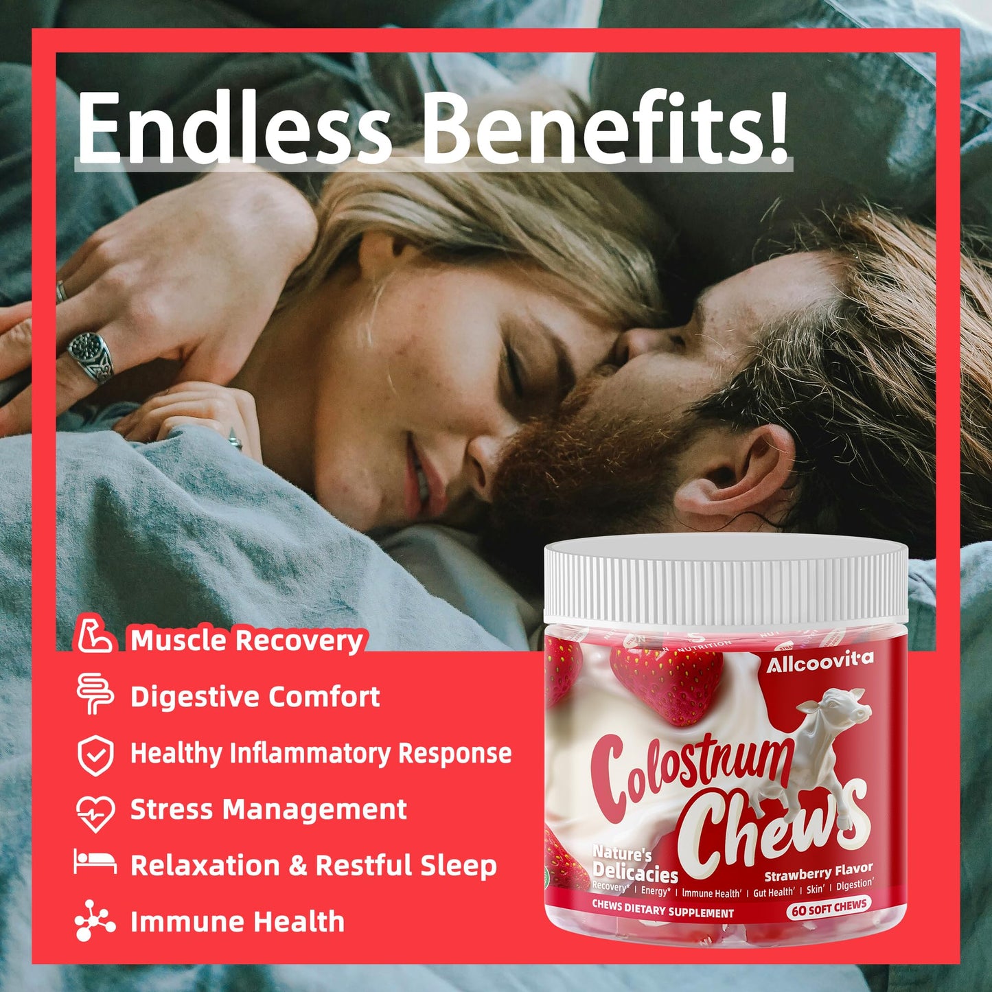 Bovine Colostrum Chews Supplement with probiotics for Gut Health, Bloating, Immune Support, Skin, Hair Growth and Beauty - Strawberry Flavor (60 Servings) Nirvana Guru