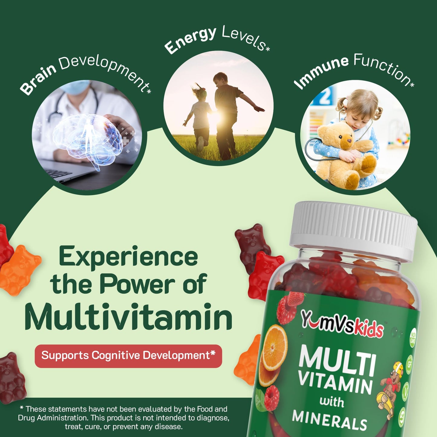 YumVs Kids Multivitamin Gummies - Fruit Flavored Chewable Children's Multivitamin - Kids Vitamins Multivitamin Gummy with 12 Minerals & Vitamins A C D3 E B6 B12 - Kosher Halal Gluten Free (60 Count) - Nirvana Guru