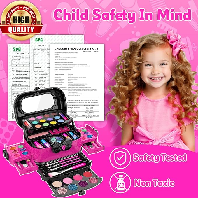 Hollyhi 58 Pcs Kids Makeup Kit for Girl, Princess Toys Real Washable Cosmetic Set with Mirror, Kids Makeup Sets for Girls, Play Make Up Birthday Gifts for 3 4 5 6 7 8 9 10 11 12 Years Old Kid (Rose) nirvanaguru