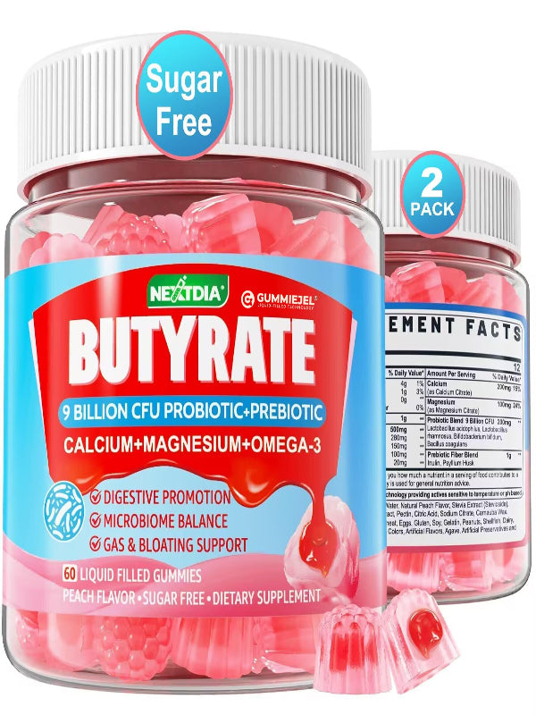 Butyrate Gummies with Probiotic + Prebiotic + Postbiotic, Omega-3 500mg,Fiber with 9 Billion CFU Probiotics, Calcium & Magnesium, Inulin,Psyllium Husk for Digestive Health,Bloating Support,Sugar Free Nirvana Guru