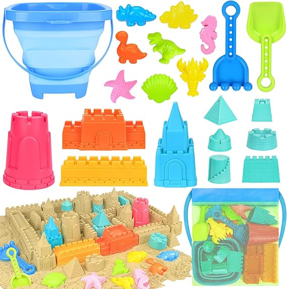 Collapsible Beach Toys for Kids Toddlers, Collapsible Sand Bucket and Shovels Set with Mesh Bag,Travel Sand Castle Building Kit, Sandbox Toys, Foldable Beach Essentials for Toddlers Kids Age 3-10 nirvanaguru