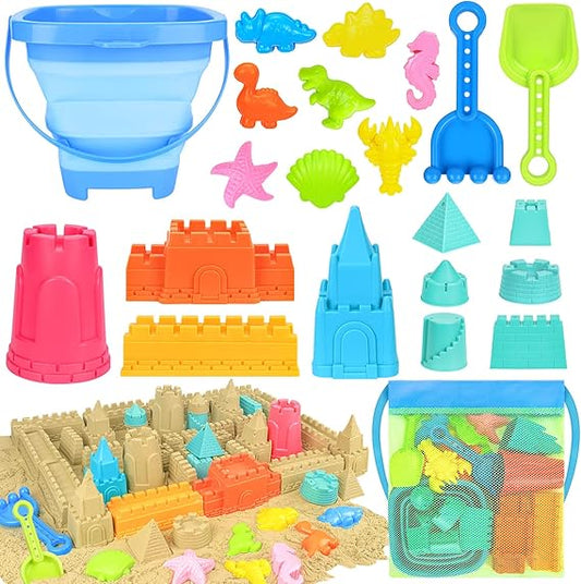 Collapsible Beach Toys for Kids Toddlers, Collapsible Sand Bucket and Shovels Set with Mesh Bag,Travel Sand Castle Building Kit, Sandbox Toys, Foldable Beach Essentials for Toddlers Kids Age 3-10  nirvanaguru
