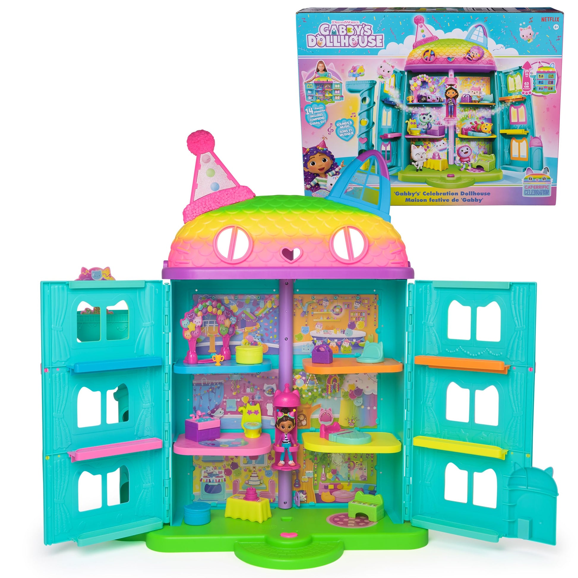 Gabby's Dollhouse, 14 Pc Celebration Dollhouse, 25-Inches Tall, with Toy Figures, Doll House Furniture & 10 Sounds, Kids Toys for Girls & Boys Ages 3+ Nirvana Guru