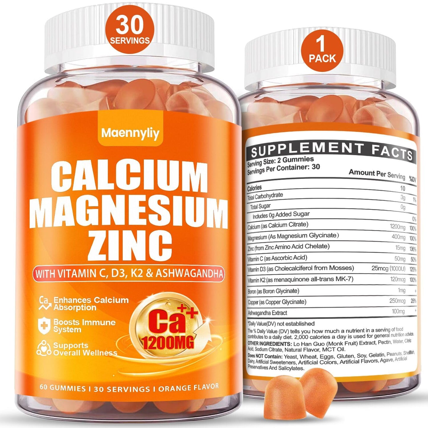 Calcium 1200 mg with Vitamin D3 Gummies for Adults - Calcium Citrate with Vitamin D3 K2, Magnesium, Zinc, Boron, Copper and Ashwagandha - Extra Absorption Calcium Supplement for Women Men Nirvana Guru