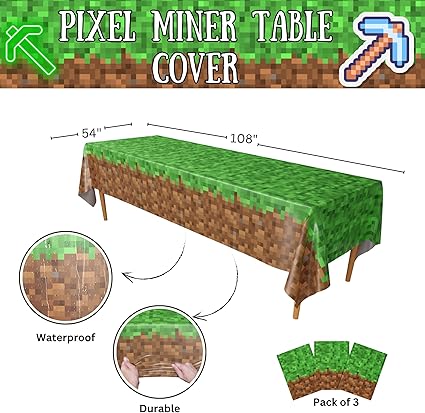 Blue Orchards Pixel Miner Table Cover (Pack of 3) - 54"x108" XL - Gamer Party Supplies, Mining Craft Party Decorations nirvanaguru