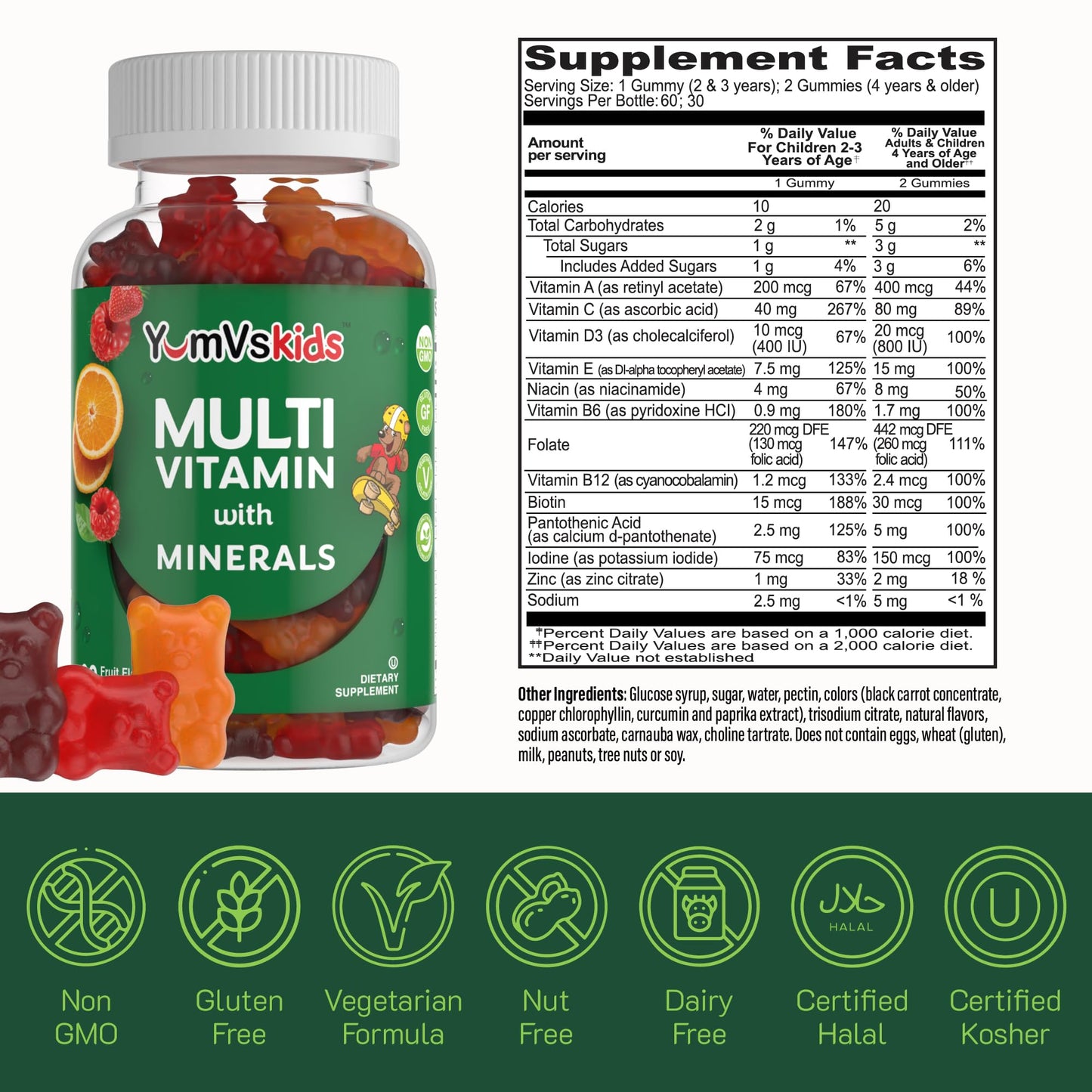 YumVs Kids Multivitamin Gummies - Fruit Flavored Chewable Children's Multivitamin - Kids Vitamins Multivitamin Gummy with 12 Minerals & Vitamins A C D3 E B6 B12 - Kosher Halal Gluten Free (60 Count) - Nirvana Guru