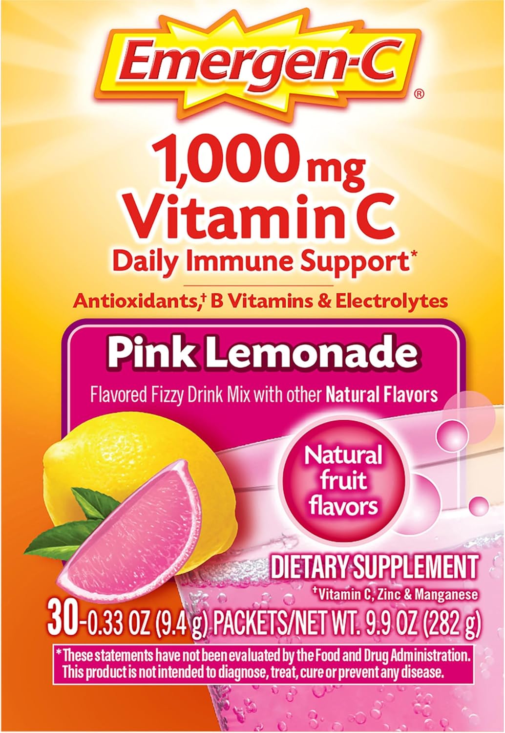 Emergen-C 1000mg Vitamin C Powder for Daily Immune Support Caffeine Free Vitamin C Supplements with Zinc and Manganese, B Vitamins and Electrolytes, Super Orange Flavor - 30 Count Nirvana Guru