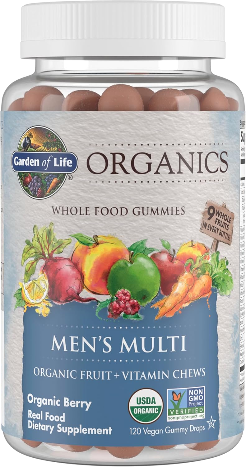 Garden of Life Organics Men's Gummy Vitamins - Berry - Certified Organic, Non-GMO, Vegan, Kosher Complete Multi - Methyl B12, C & D3 - Gluten, Soy & Dairy Free, 120 Real Fruit Chew Gummies - Nirvana Guru