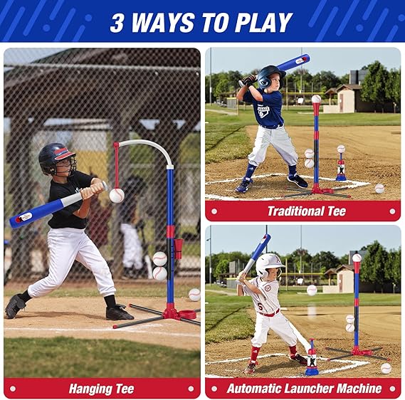 3-in-1 Baseball Set for Kids 3-5 - Tee Ball Stand, Hanging Tee, Ball Launcher and 6 Softballs - Adjustable Height, Indoor/Outdoor Sport Gifts for Boys Girls, Blue nirvanaguru